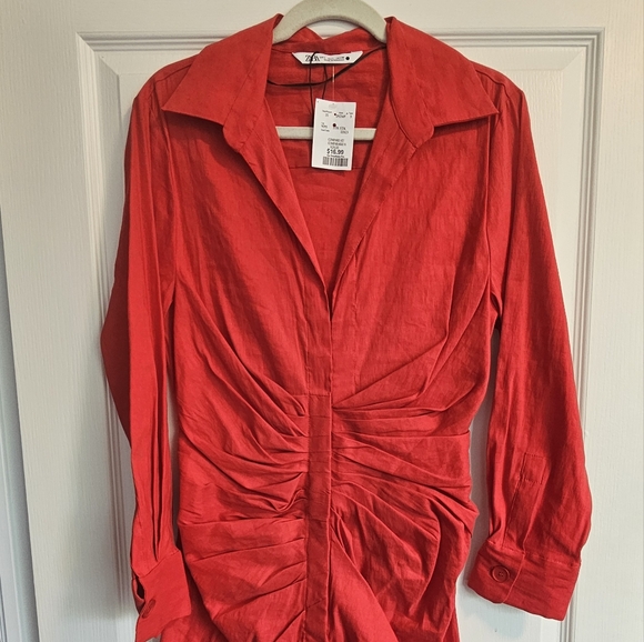 Zara Red Ruched Bodycon Shirt Dress, L - Picture 3 of 3